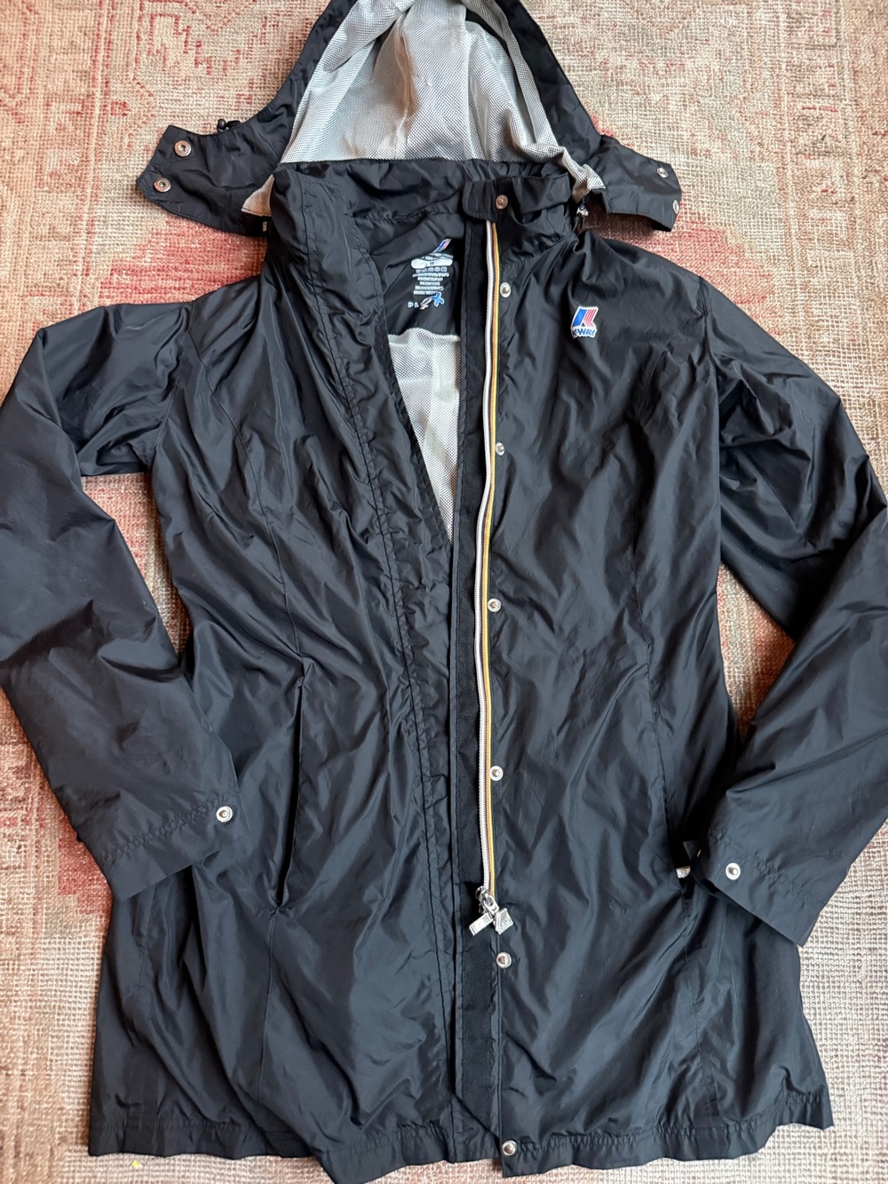K-Way Black Hooded Packable Trench Coat with Contrast Trim